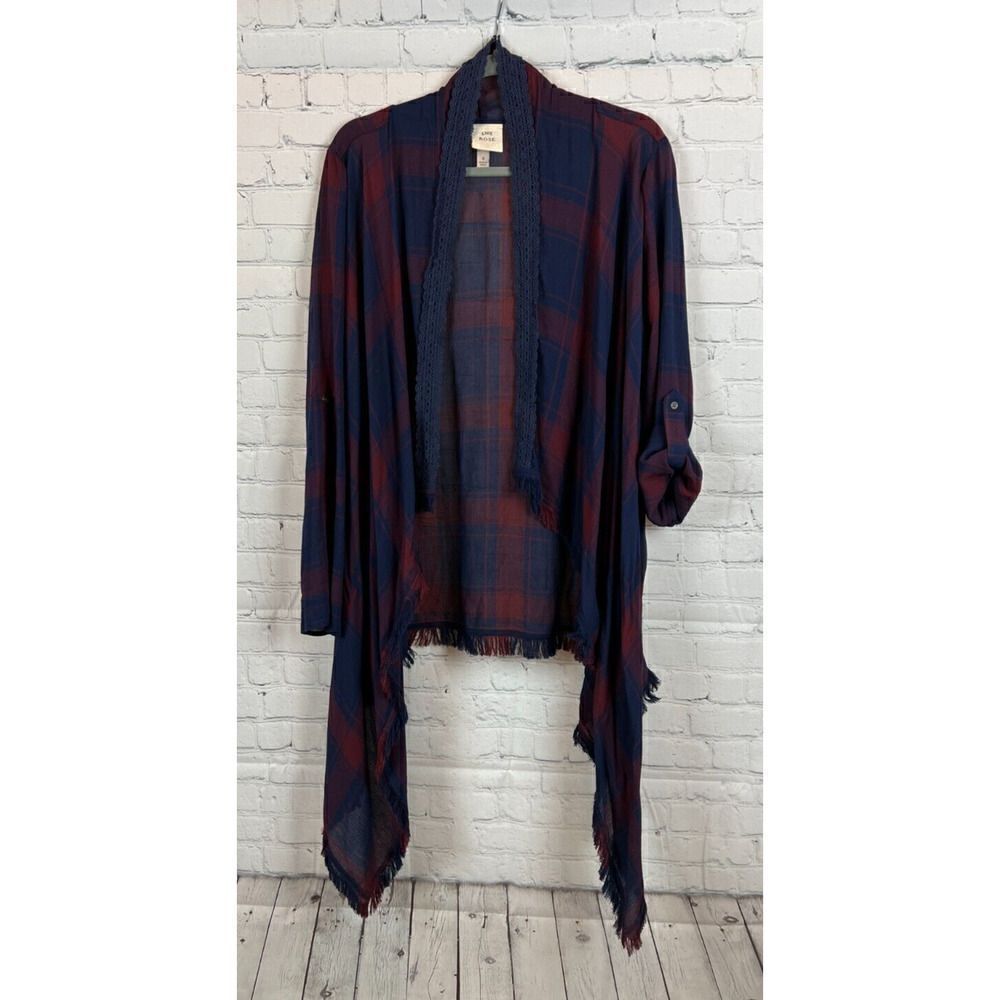 KNOX ROSE blue red boho plaid tartan open front fringe lace cardigan shirt S